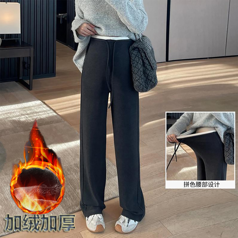 Wool and Thermal Fleece Maternity Wide-Leg Pants for Autumn and Winter, Thickened and Versatile, Loose High-Waisted Color-Blocked Straight-Leg Pants, Floor-Length Pants