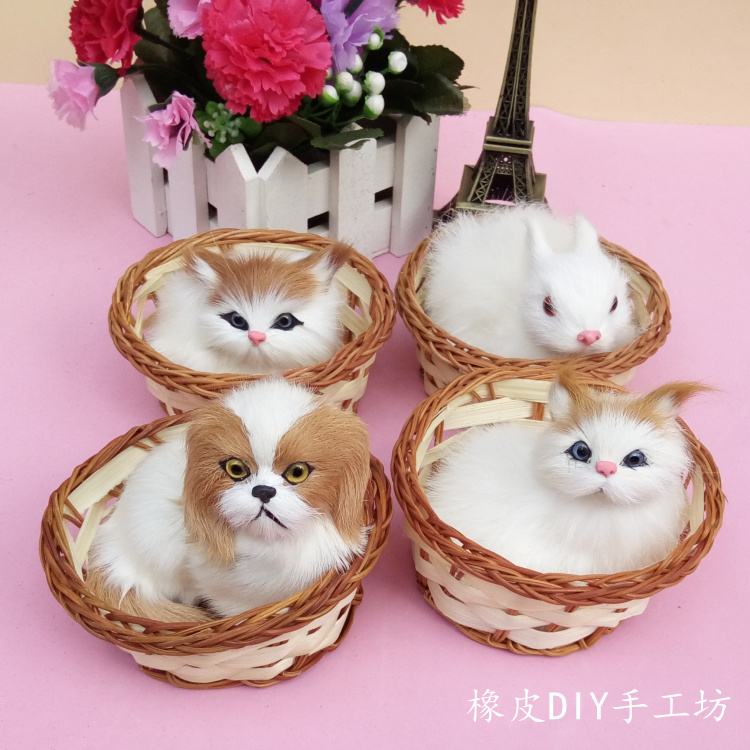 Real fur emulation Animal cute little kitty pure handmade to send basket art for a birthday
