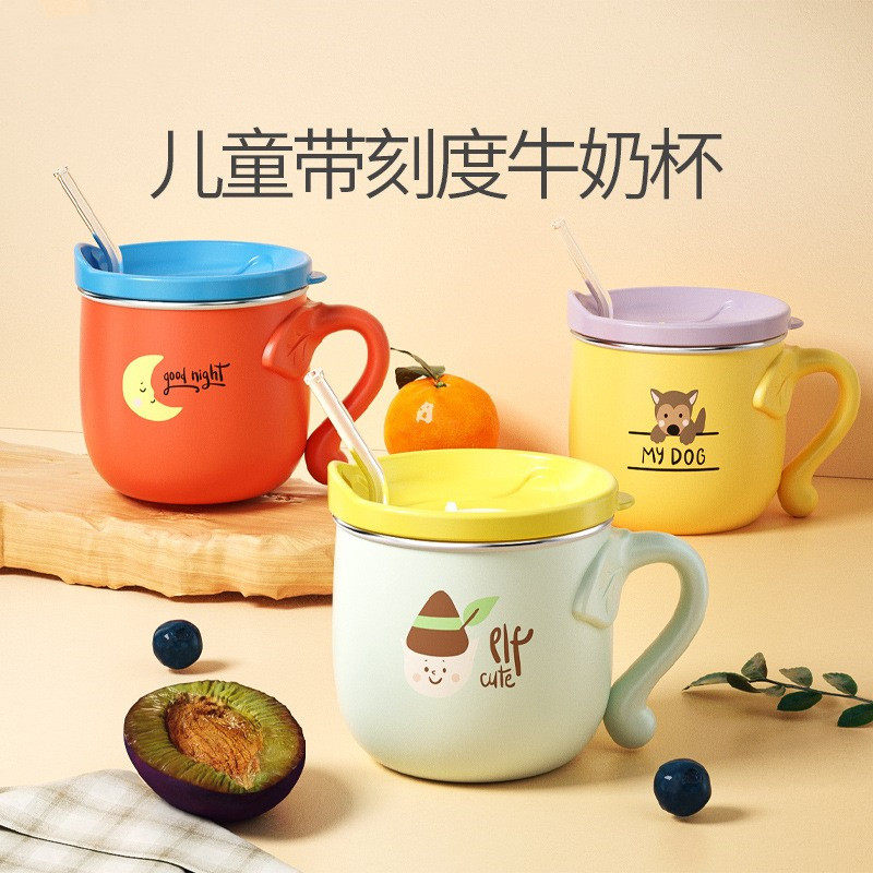 Children Drink cup with Graduated Drink Cup Baby Milk Cup Straw Cup Anti Burn Resistant Stainless Steel Bubble Milk Cup