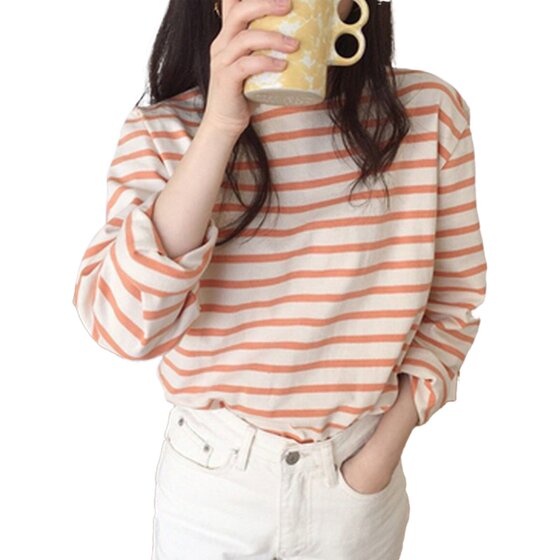 Korean ins2026 spring sweet age-reducing contrast cream striped loose round neck long-sleeved T-shirt bottoming shirt for women