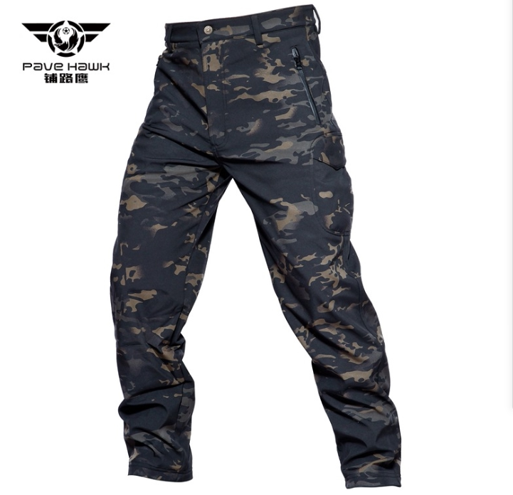 Outdoor camouflate soft shell punching pants male loose Tactical plus suede pants waterproof windproof and warm skiing climbing pants winter