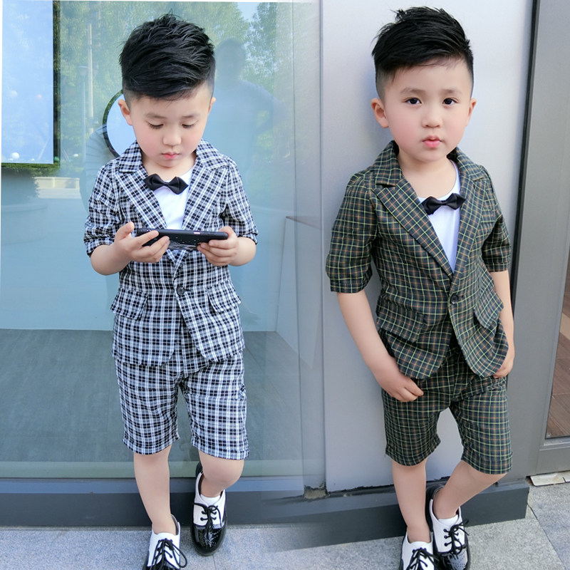 Boys summer suit three-piece suit 2022 new plaid short-sleeved summer flower girl small suit Liuyi performance suit