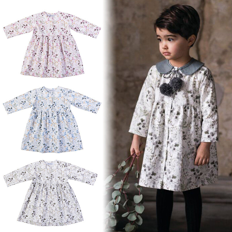 European Bebe Organic floral button dress little girl princess dress cotton children's skirt spring