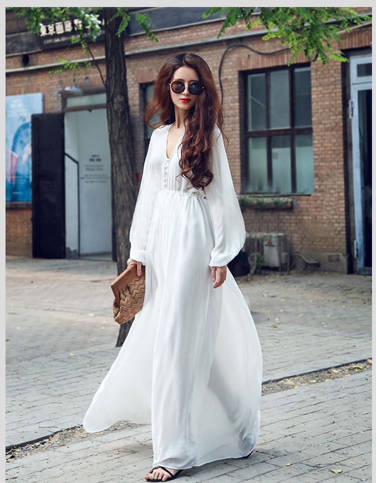 Mùa thu đèn lồng tay áo cao eo dài tay áo đầm voan trắng lau váy dài cổ tích bãi biển khu nghỉ mát bãi biển váy mùa hè váy xòe bó eo	