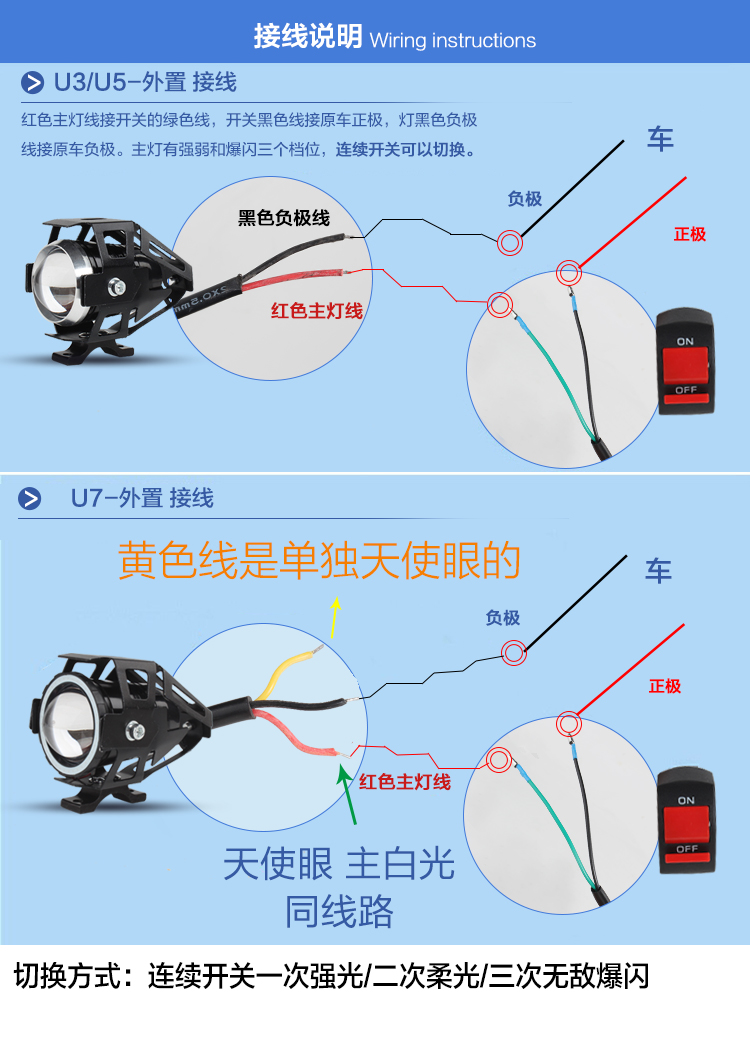 Xe máy chói đèn LED phía trước đèn U5 laser gun spotlight U7 xa và gần ánh sáng xe điện đèn pha nổ spotlight