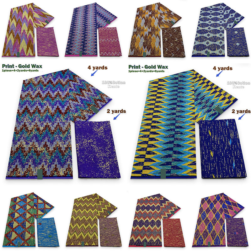 African Fashion Pure Cotton Gold-Stamped Kente Fabric Super Wax Print Clothing Fabric Super Kente Wax