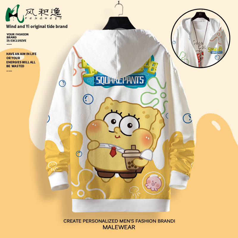 Two-Dimensional Hoodie Jacket for Men, Spongebob Squarepants Anime Merchandise, Cartoon Print, Hooded Zip-Up, Autumn and Winter Fleece Top