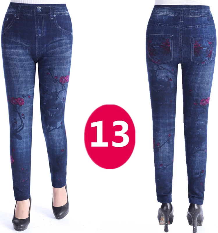 Không có nhung / cộng với nhung in giả quần legging denim Quần tây nữ co giãn cao mặc trung niên và cao tuổi cộng với quần size - Quần tây thường