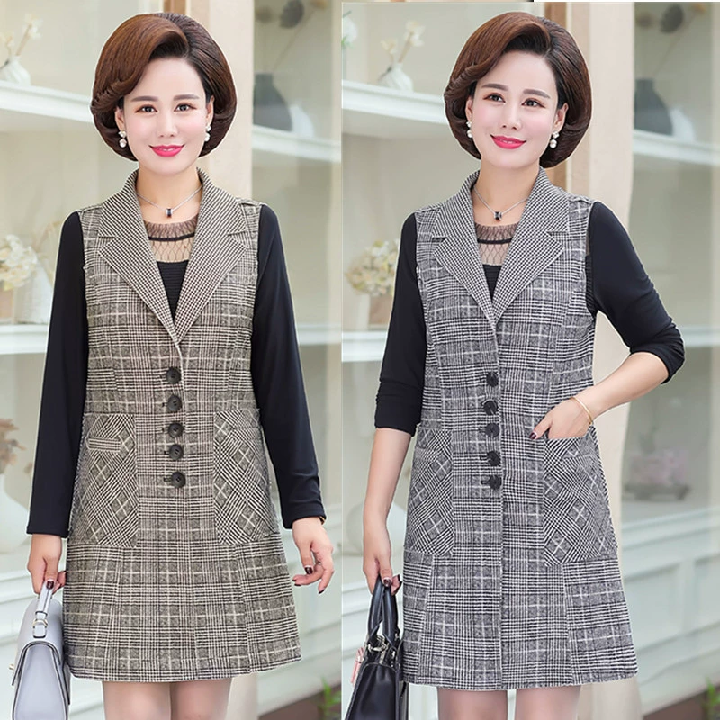 Quần áo phụ nữ trung niên và cao tuổi mùa xuân và mùa thu áo dài kẻ sọc dài vest vest kích thước lớn áo khoác len của mẹ trung niên - Áo vest