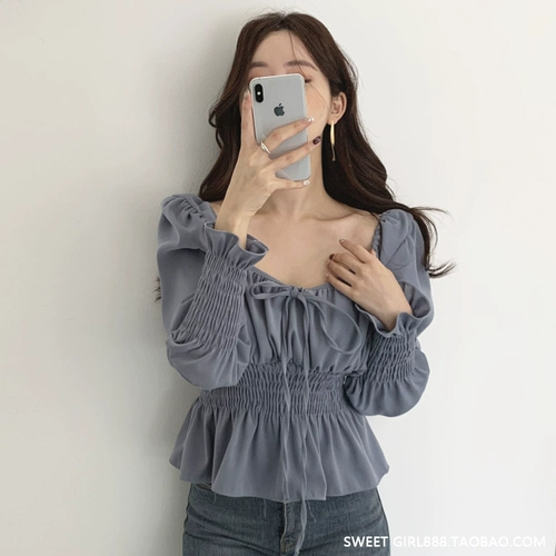 Ретро приталенная футболка, корсет, лонгслив, синяя рубашка, французский ретро стиль, квадратный вырез, рукава фонарики