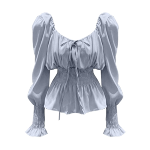 Ретро приталенная футболка, корсет, лонгслив, синяя рубашка, французский ретро стиль, квадратный вырез, рукава фонарики