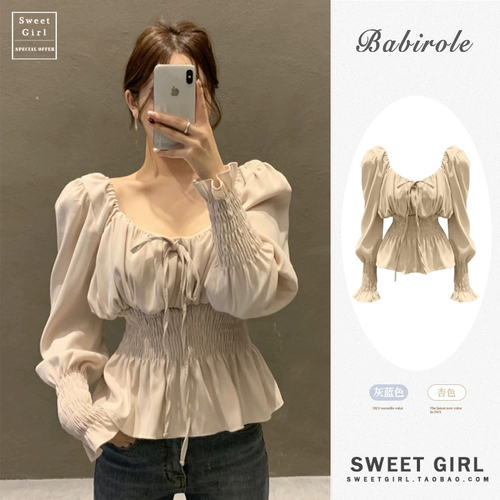 Ретро приталенная футболка, корсет, лонгслив, синяя рубашка, французский ретро стиль, квадратный вырез, рукава фонарики