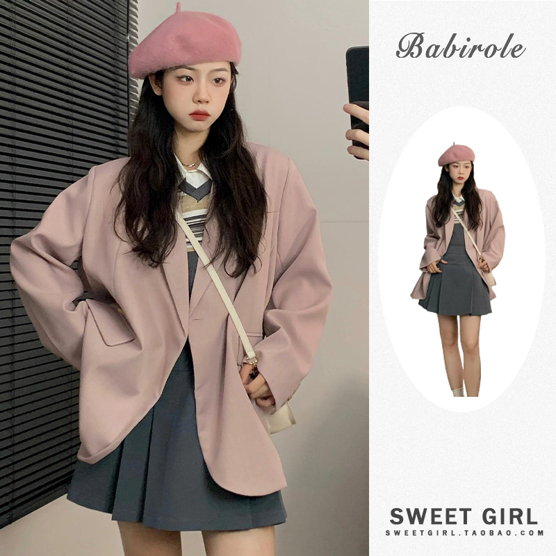 Korean-Style Commuter Retro Pink Blazer for Women, Autumn and Winter, High-End Loose Casual Fashion Elegant Suit