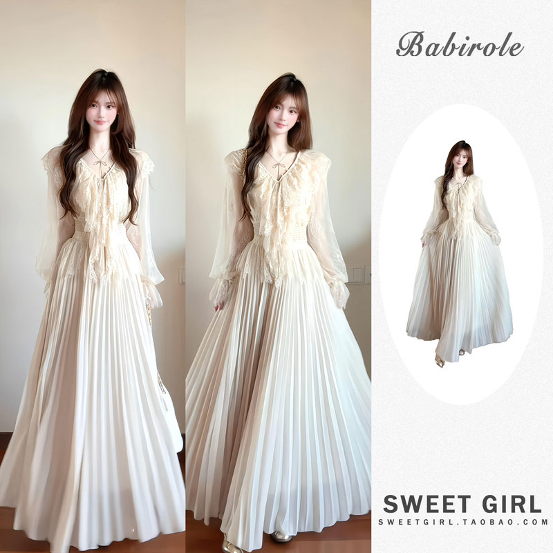 French Gentle Style V-Neck Lace Ruffle Long-Sleeve Dress for Women Early Autumn 2026 New Long Dress Two-Piece Set French Gentle Style V-Neck Lace Ruffle Long-Sleeve Dress for Women Early Autumn 2026 New Long Dress Two-Piece Set