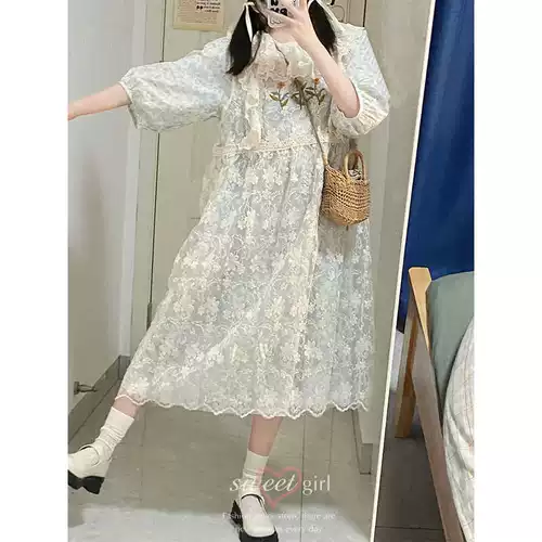 Летнее синее кружевное платье с коротким рукавом, кукла, комплект, цветочный принт, кукольный воротник