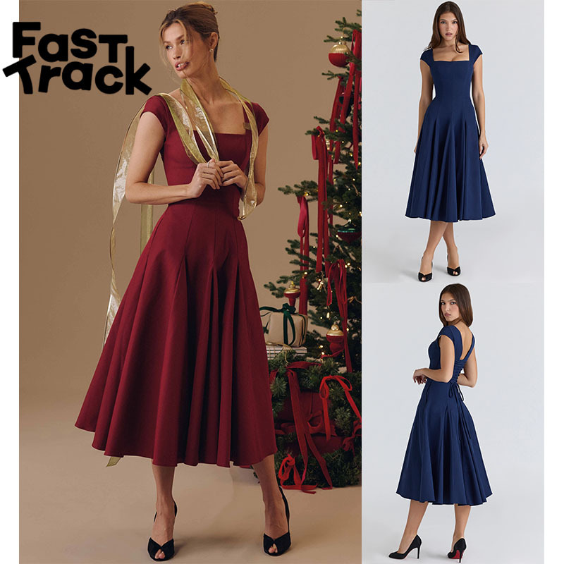 【Fast Authentic Products on the Way】House of Cb New High-End Elegant Square Neck Dress with Waist-Cinching Design