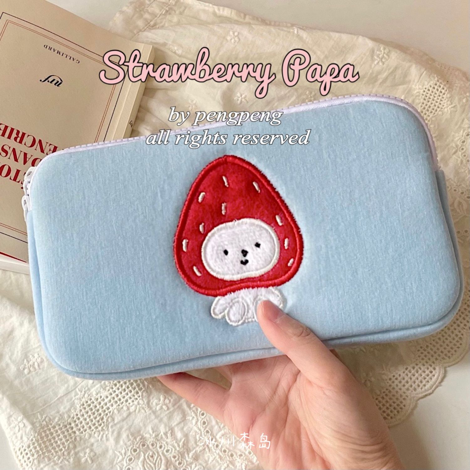(Glacier) Strawberry Daifuku Blue Clutch Stationery Storage Bag Apple Dad Original Spot