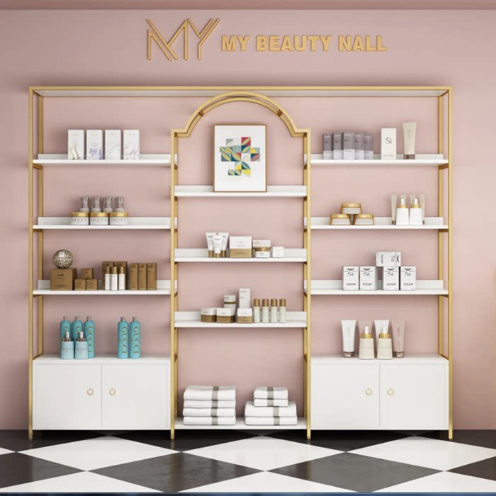 Beauty salon cabinet golden cosmetics display cabinet shoes bag display rack shelf