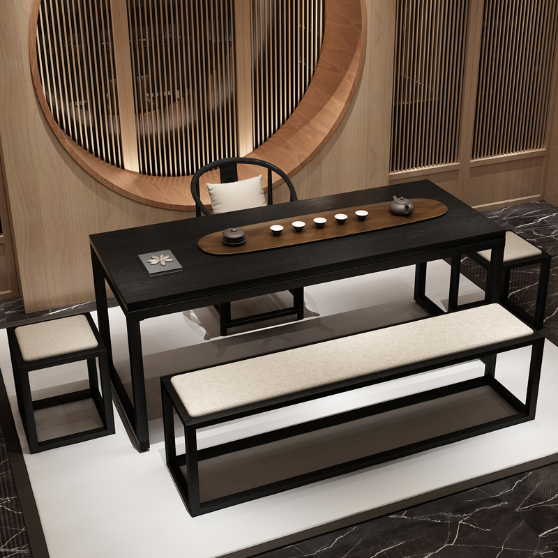 New Chinese style tea table and chair combination Zen solid wood tea table simple modern teahouse Kung Fu iron antique tea table - Taobao