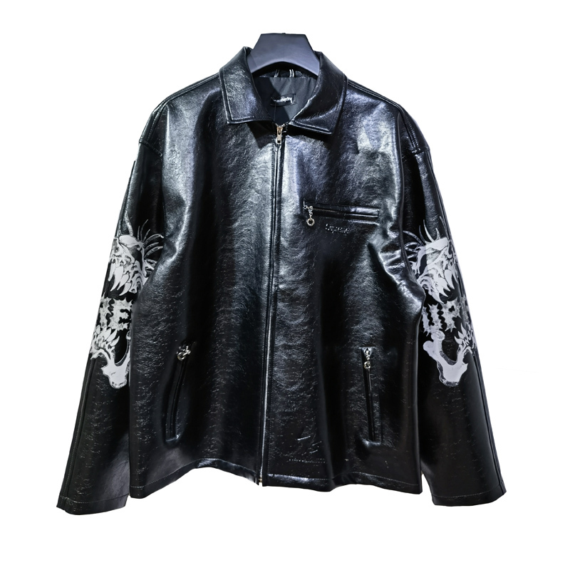 Dark Style Skull Print Leather Jacket Black Lapel Biker Style Jacket Unisex Loose Jacket Dark Style Skull Print Leather Jacket Black Lapel Biker Style Jacket Unisex Loose Jacket