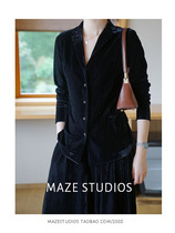 Maze Studios French vintage black long sleeve shirt chic thin solid color velvet shirt Meng Ziliu