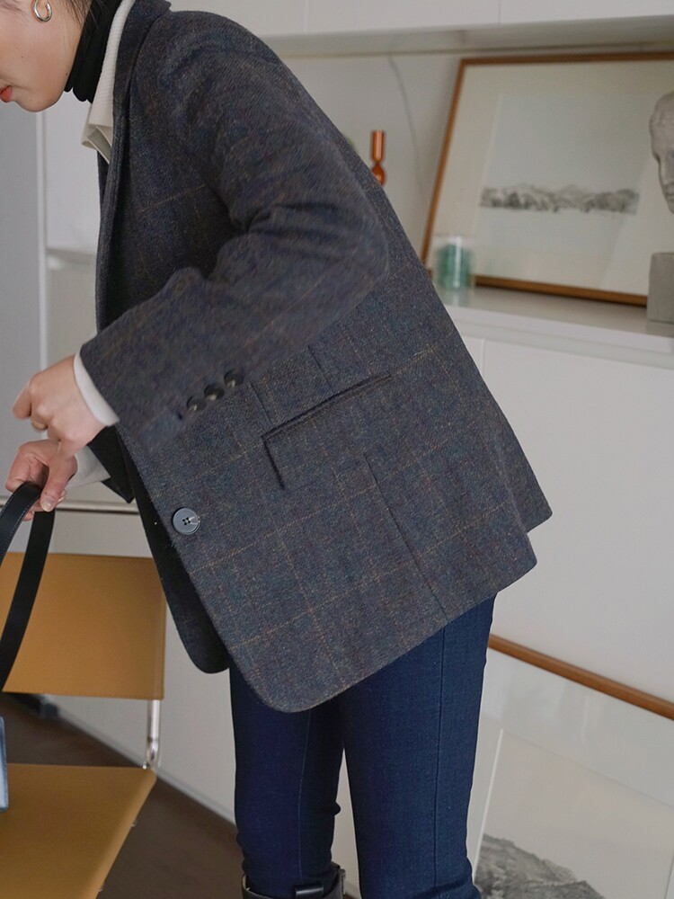 Maze Studios Italy imported tail single fabric Vintage green plaid wool blazer coat