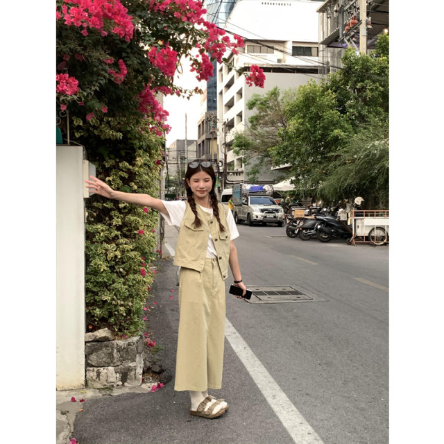 Cheese Rabbit retro street work shirt suit for women niche Korean style casual slim vest short-sleeved long skirt