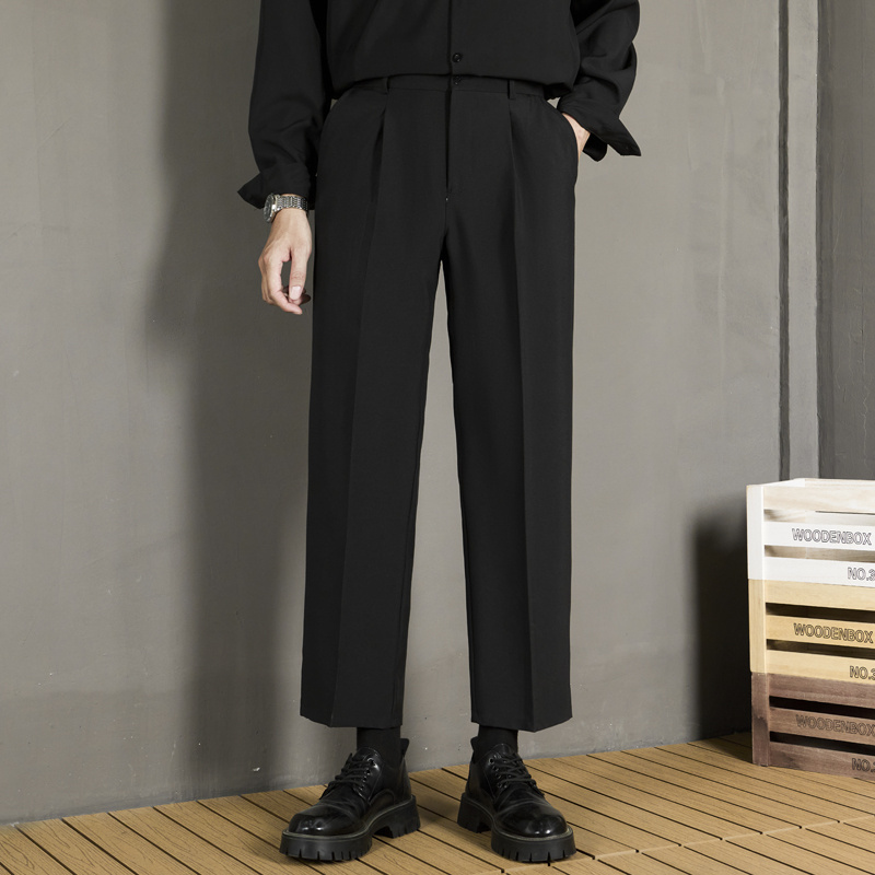 No-Iron Men's Trousers Spring and Summer New Straight-Leg Loose Nine-Point Casual Pants with Drapey Feel Black Suit Trousers for Men