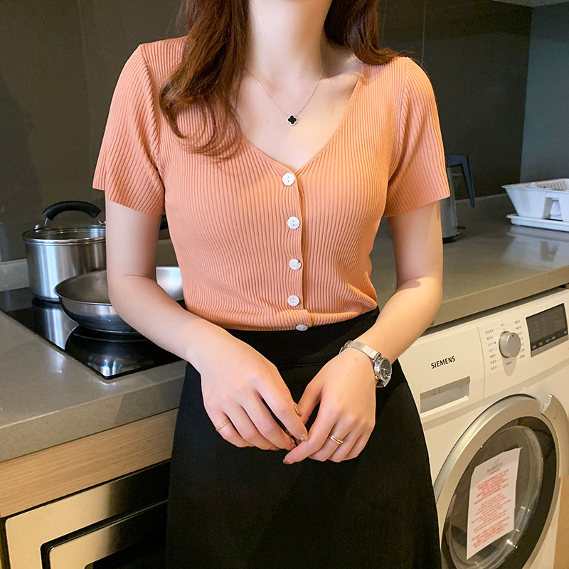 Clear Barn Pick Up Missing Short Sleeves Women Summer 2022 New Ice Silk T-Shirt Thin-Style Jersey Undershirt V Collar Half Sleeve Blouse
