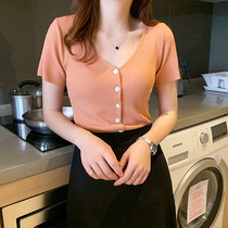 Short sleeves Women Summer 2022 New Korean version Ice Silk T-shirt Knitted Sweatshirt Bottom Shirt 100 Lap V Collar Half Sleeve Blouse