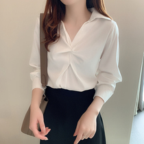 2021 Autumn New chiffon white shirt female professional harbor style V collar shirt design sense niche long sleeve top