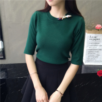 2021 summer new foreign-style sweater bow mid-sleeve knitwear womens pullover Joker short base shirt top