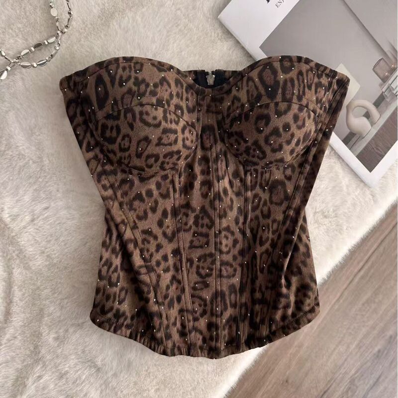 Hot Girl's Sexy Leopard Print with Rhinestones, Fishbone Bra, Off-Shoulder, High-End Tube Top with Straps