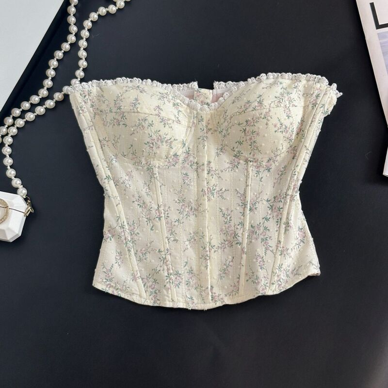 French-Style Fresh Floral Lace Spliced Fishbone Bra, Slim-Fitting Top