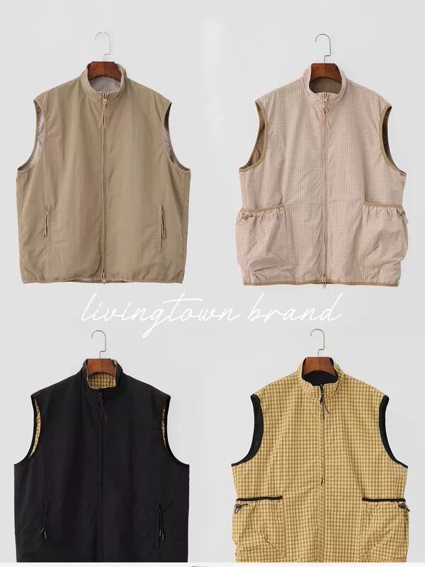 2025 Summer New Reversible Solid Color Plaid Commuter Versatile Stand Collar Short Vest Unisex Casual Jacket