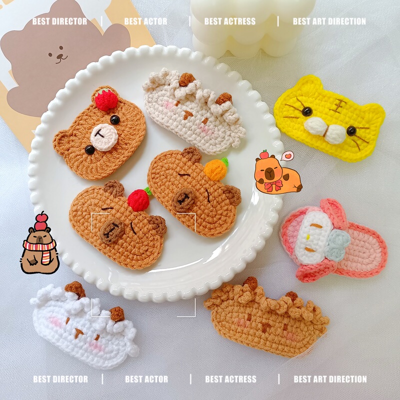 Handmade Crochet Capybara Tiger Bear Sheep My Melody Cartoon Brown Magic Tape Hair Clip Bb Clip Finished Product