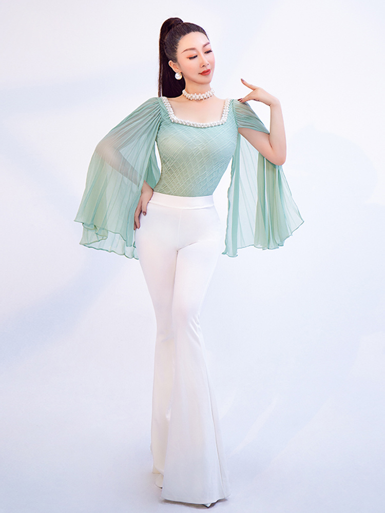Green Dancing Gesture Winged Body Suit Woman collar flutter Sleeves Gift Instrument Tutor 2021 new models walk show anchor dance