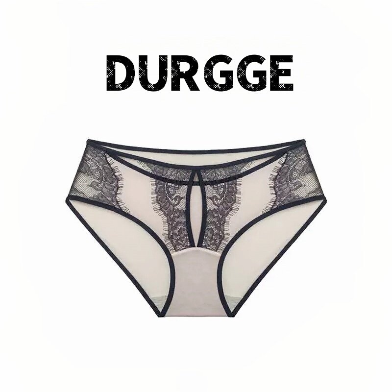 Japanese Durgge Large Size Hollow-Out Embroidered Lace Panties, Sexy Pure Cotton Open-Crotch Mid-Waist Hip-Hugging Briefs for Women