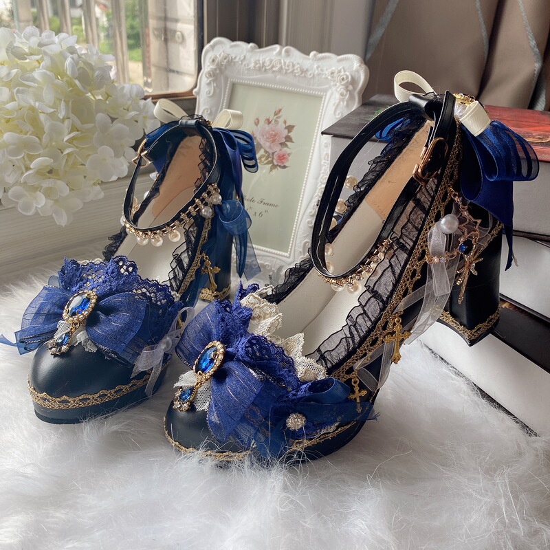 Girly Lolita Handmade Black Cyan Round-Toe High-Heeled Shoes Nine Songs of the Evening Tide Star Moon Floating Lantern Dream Return to Versailles