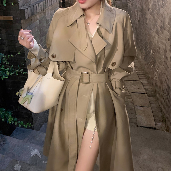 ByYou spring new high-end mid-length khaki windbreaker jacket women's waisted British style casual coat