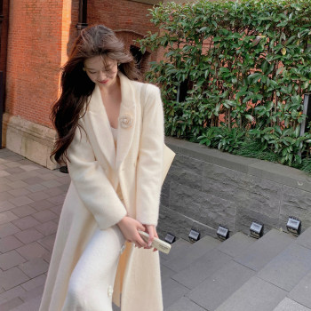 Waist-closed wool mohair long-haired warm coat
