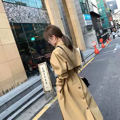 ByYou khaki windbreaker women's spring mid-length temperament British style strap waist casual jacket over-the-knee coat