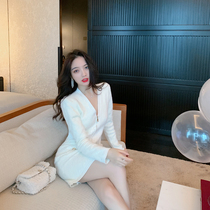 ByYou winter white fashion v-neck imitation mink velvet knit dress womens new waist A- line dress skirt