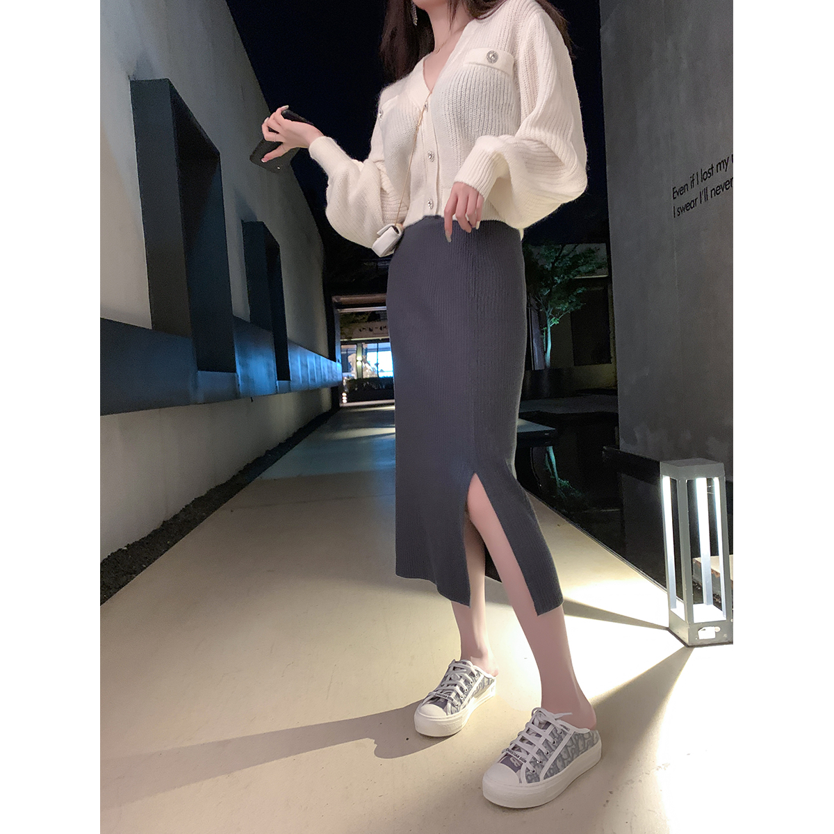 ByYou autumn and winter gray thickened knitted skirt women's new design sense split slim slim long skirt