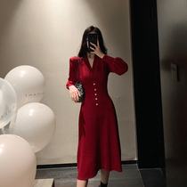 ByYou 2020 winter temperament V-neck knitted dress womens new waist slim long inner skirt