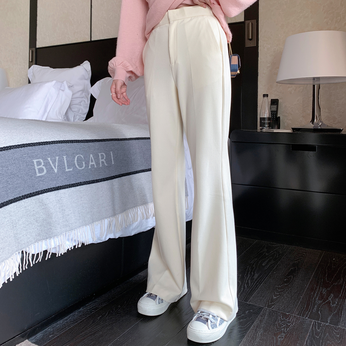 ByYou spring new white hairy pants woman with slim pituitary horn pants high waist wide leg thickened casual long pants