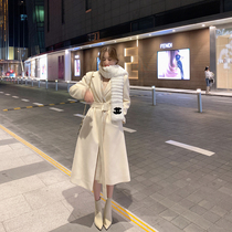 ByYou winter plaid stitching waist suit collar woolen jacket womens middle length over knee thickened woolen coat