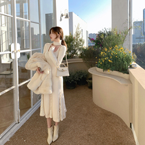 ByYou autumn and winter temperament French square collar knitted dress womens new waist slim lace stitching fishtail skirt