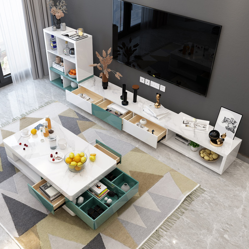 Nordic Wind Parquet Coloured Rock Plate TV Cabinet Tea Table Dining Table And Chairs Combination Suit Living Room Modern Minima Telescopic Small Family
