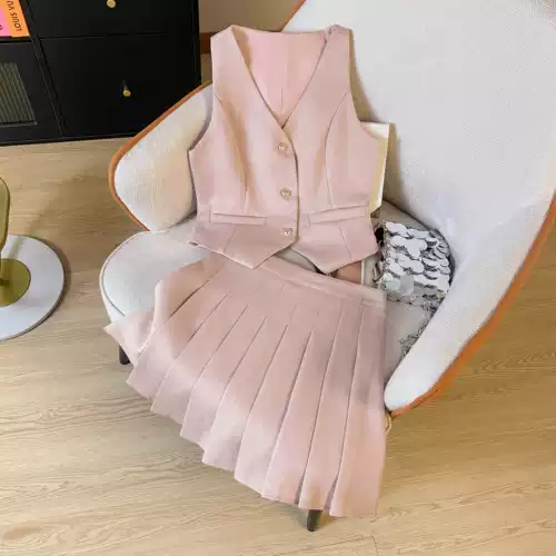 Летний комплект, жилет, юбка в складку, премиум класс, французский стиль, высокая талия